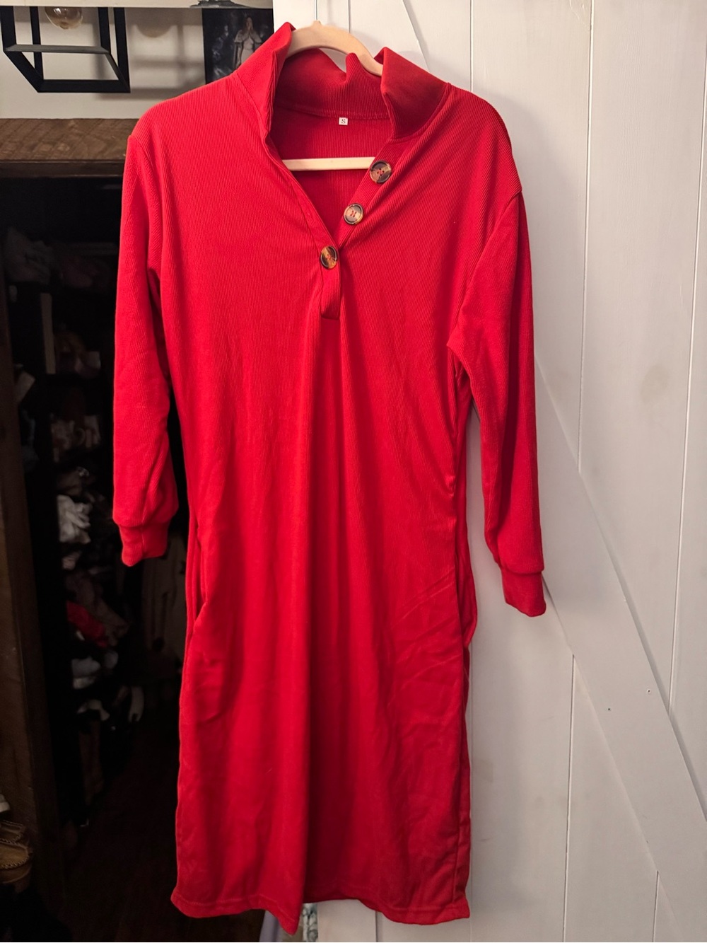 Red Button-Accent Long Sweatshirt Dress